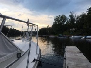 View of Lakeside Marina through the bow rails of Cuddy Cabin