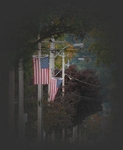 Main street in Northville Decorated with flags